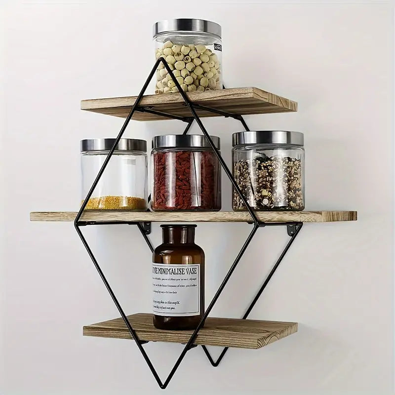 3 Tier Geometric Diamond Wall Floating Shelves Decorative Industrial Hanging Metal Wire Wood Display Shelf For Living Room Kitchen