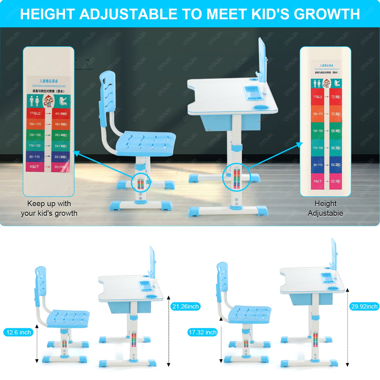 Kids Height Adjustable Children Study Table & Chair Reading Writing Desk Set