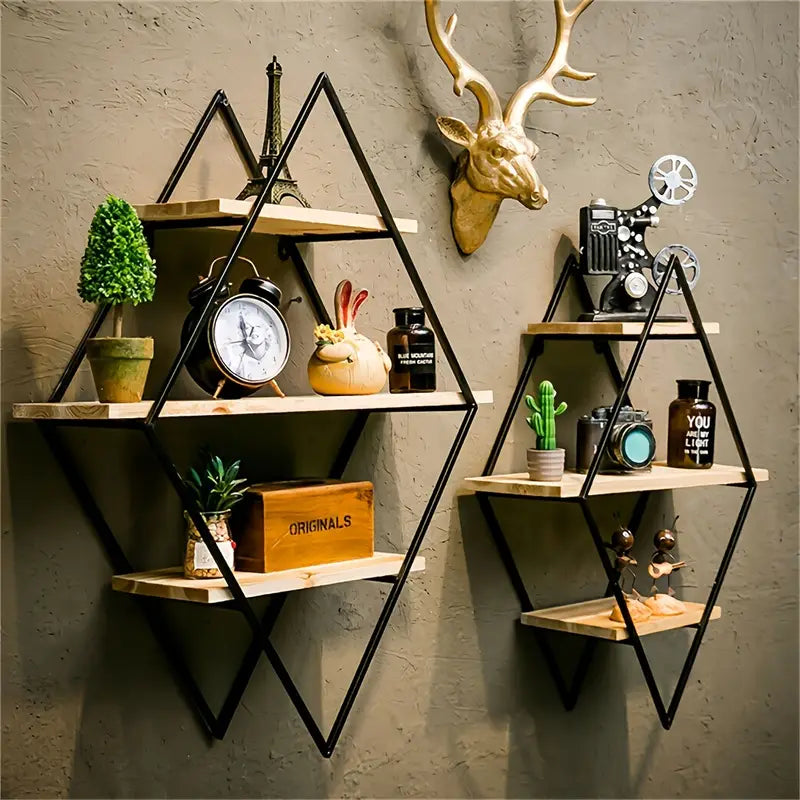 3 Tier Geometric Diamond Wall Floating Shelves Decorative Industrial Hanging Metal Wire Wood Display Shelf For Living Room Kitchen