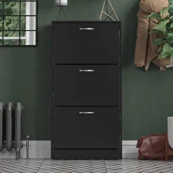 3 Drawer Shoe Cabinet Storage Cupboard Footwear Stand Rack Wooden Unit Black New