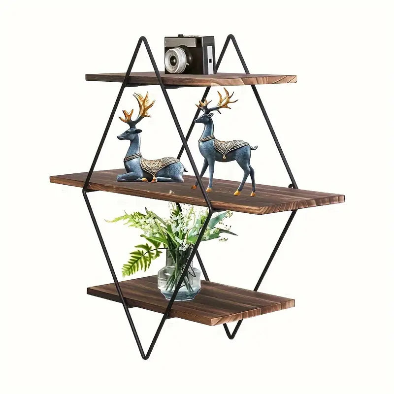 3 Tier Geometric Diamond Wall Floating Shelves Decorative Industrial Hanging Metal Wire Wood Display Shelf For Living Room Kitchen