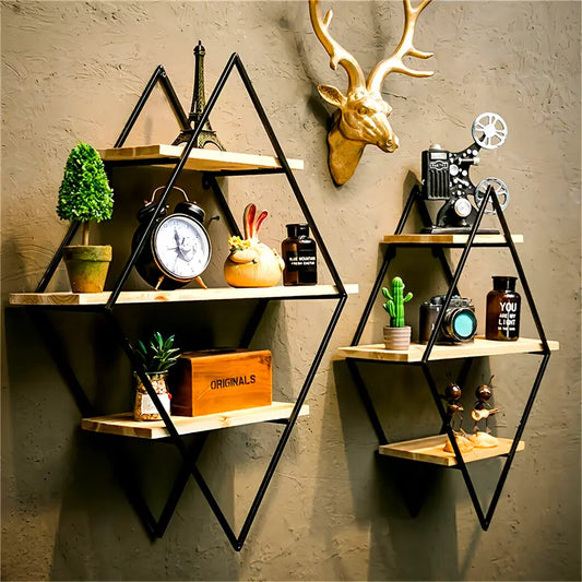 3 Tier Geometric Diamond Wall Floating Shelves Decorative Industrial Hanging Metal Wire Wood Display Shelf For Living Room Kitchen