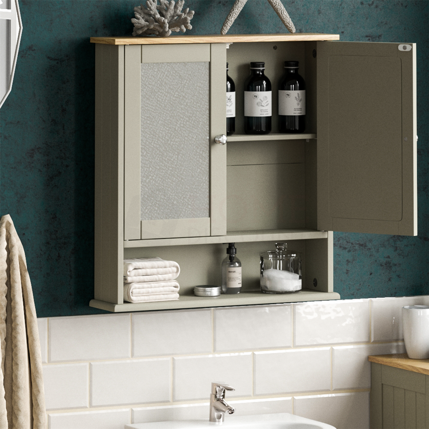 Bathroom Wall Cabinet Storage 2 Door Mirrored Cupboard MDF Shelves Vanity Unit