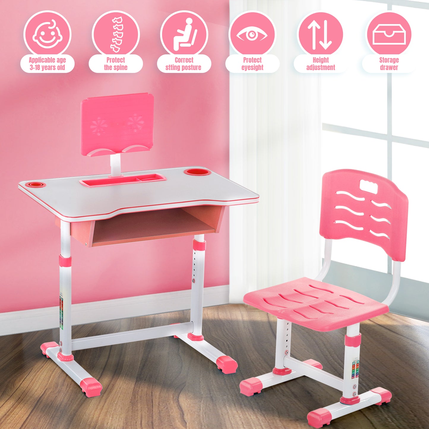 Kids Height Adjustable Children Study Table & Chair Reading Writing Desk Set