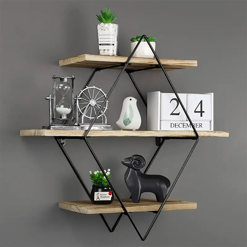 3 Tier Geometric Diamond Wall Floating Shelves Decorative Industrial Hanging Metal Wire Wood Display Shelf For Living Room Kitchen