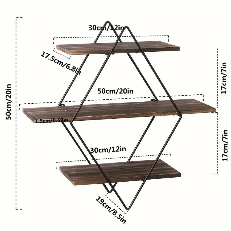 3 Tier Geometric Diamond Wall Floating Shelves Decorative Industrial Hanging Metal Wire Wood Display Shelf For Living Room Kitchen