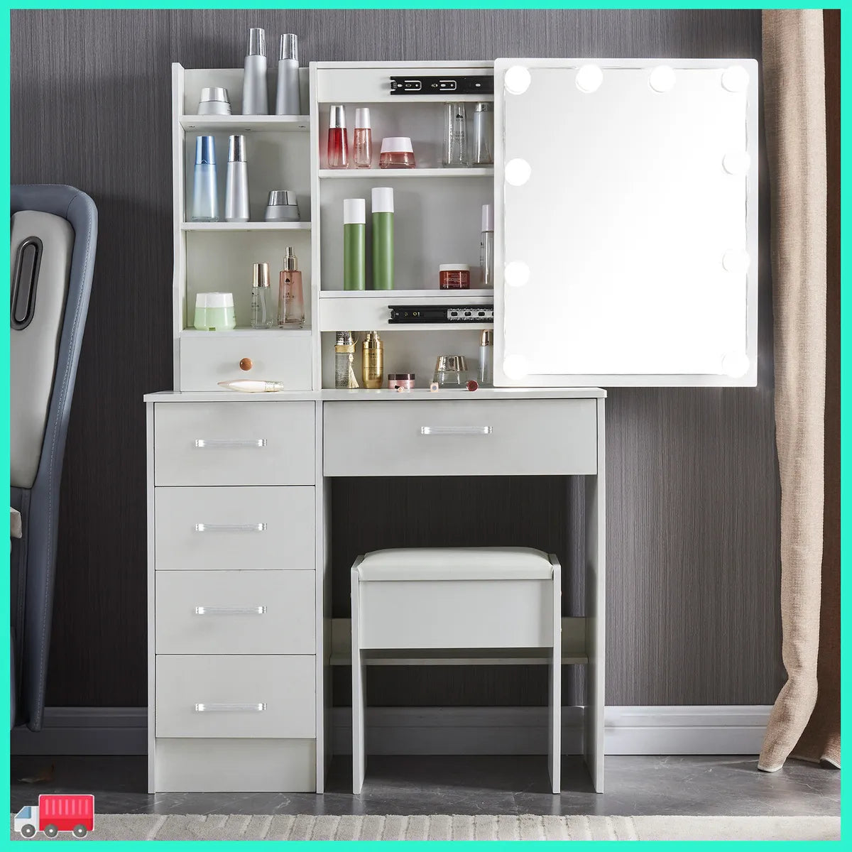 White Dressing Table Mirror with Lights Stool Makeup Vanity Set Desk + 6 Drawers