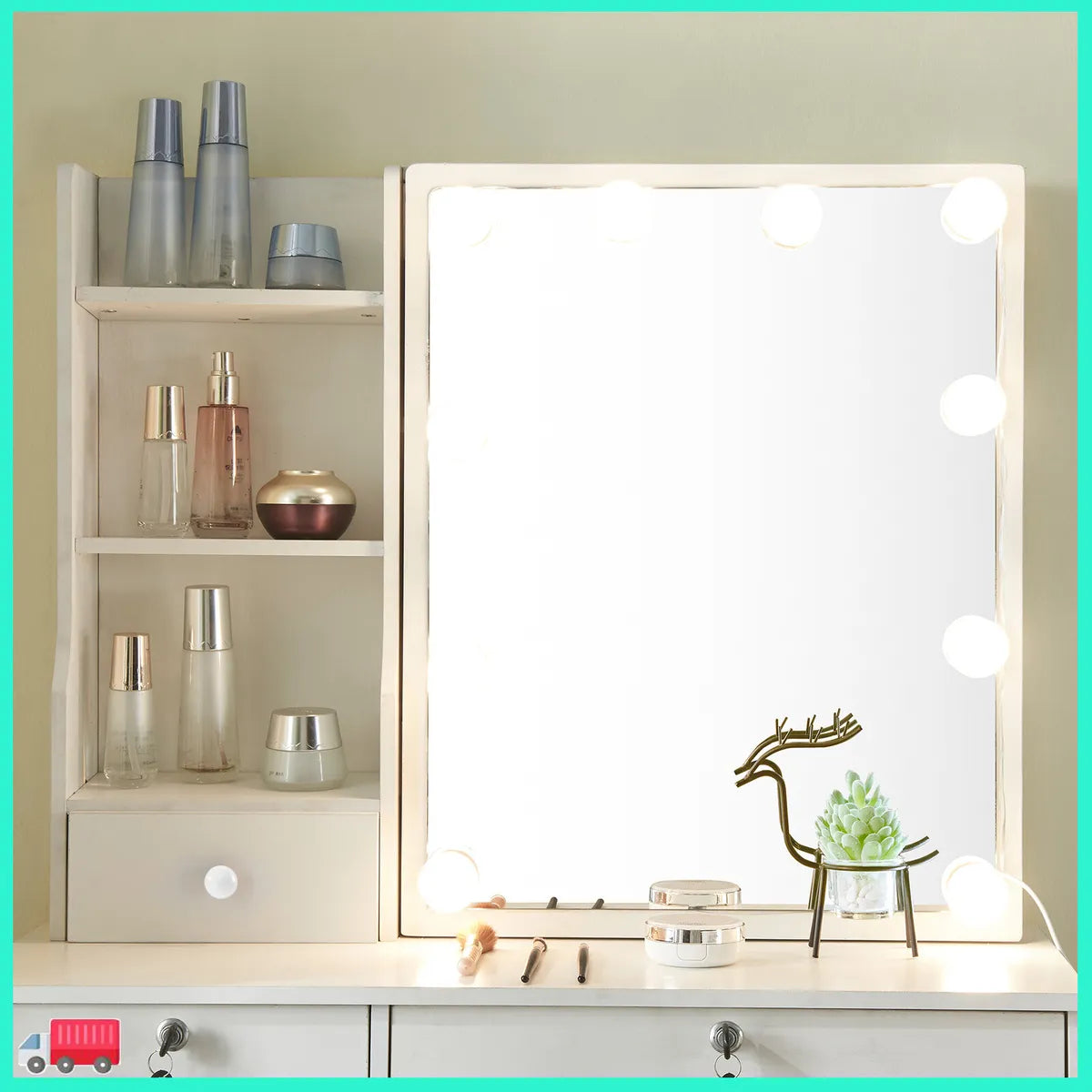 White Dressing Table Mirror with Lights Stool Makeup Vanity Set Desk + 6 Drawers