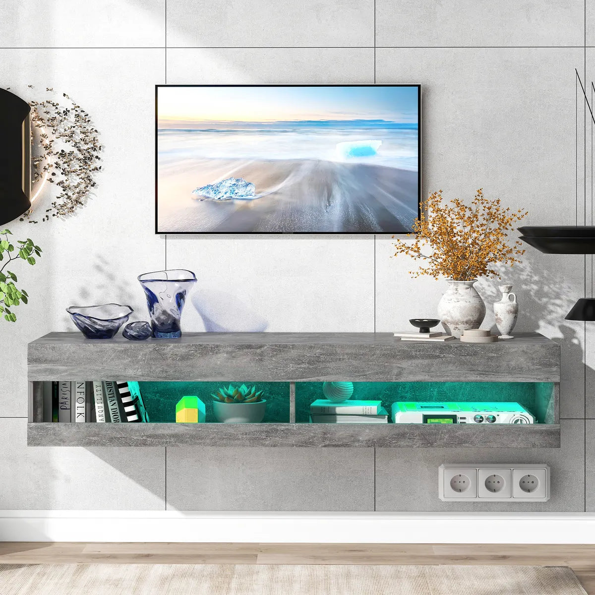 Wall Mount Floating TV Unit Cabinet Stand With LED Entertainment High Gloss Grey