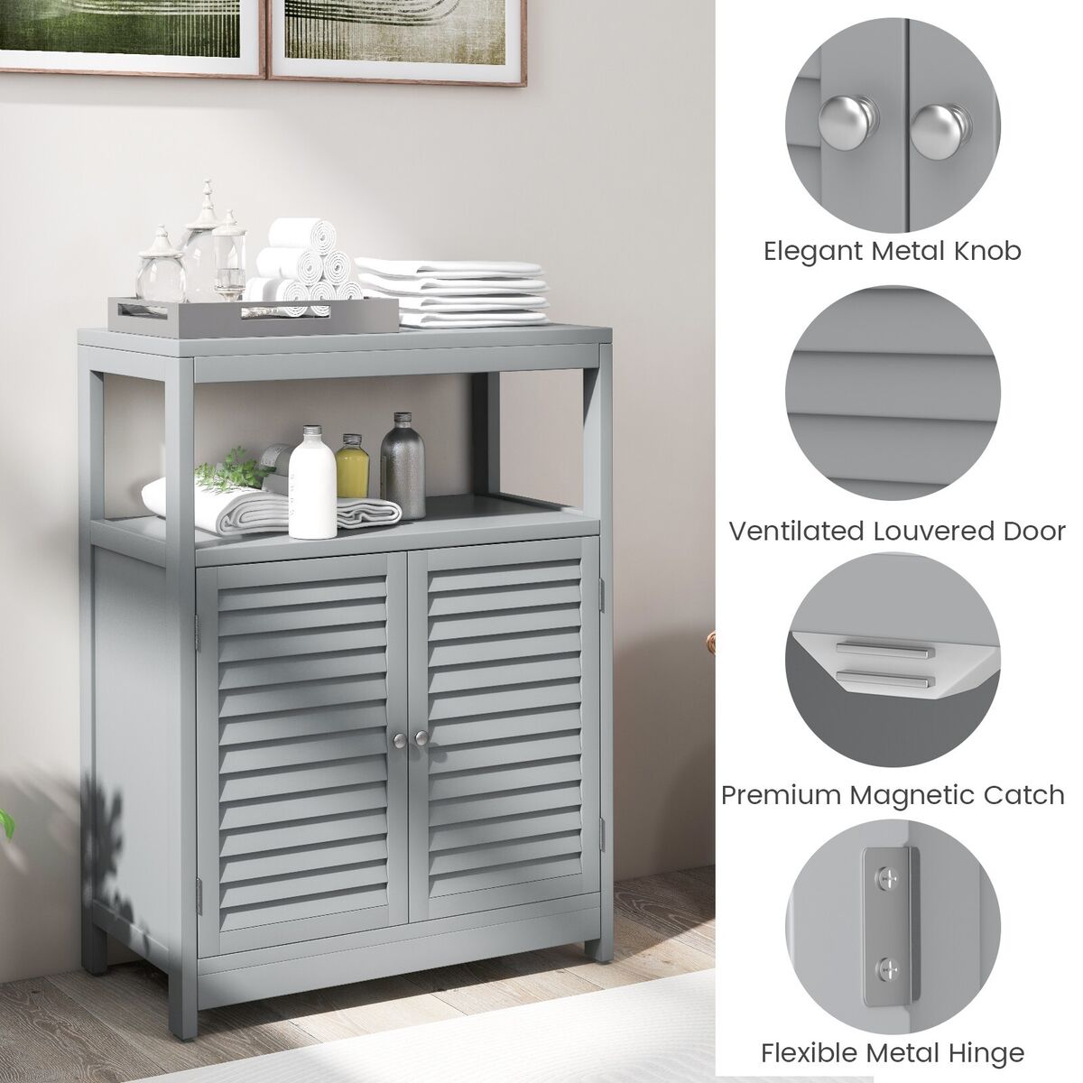 Bathroom Floor Cabinet Wooden Storage Organizer Freestanding Double Shutter Door