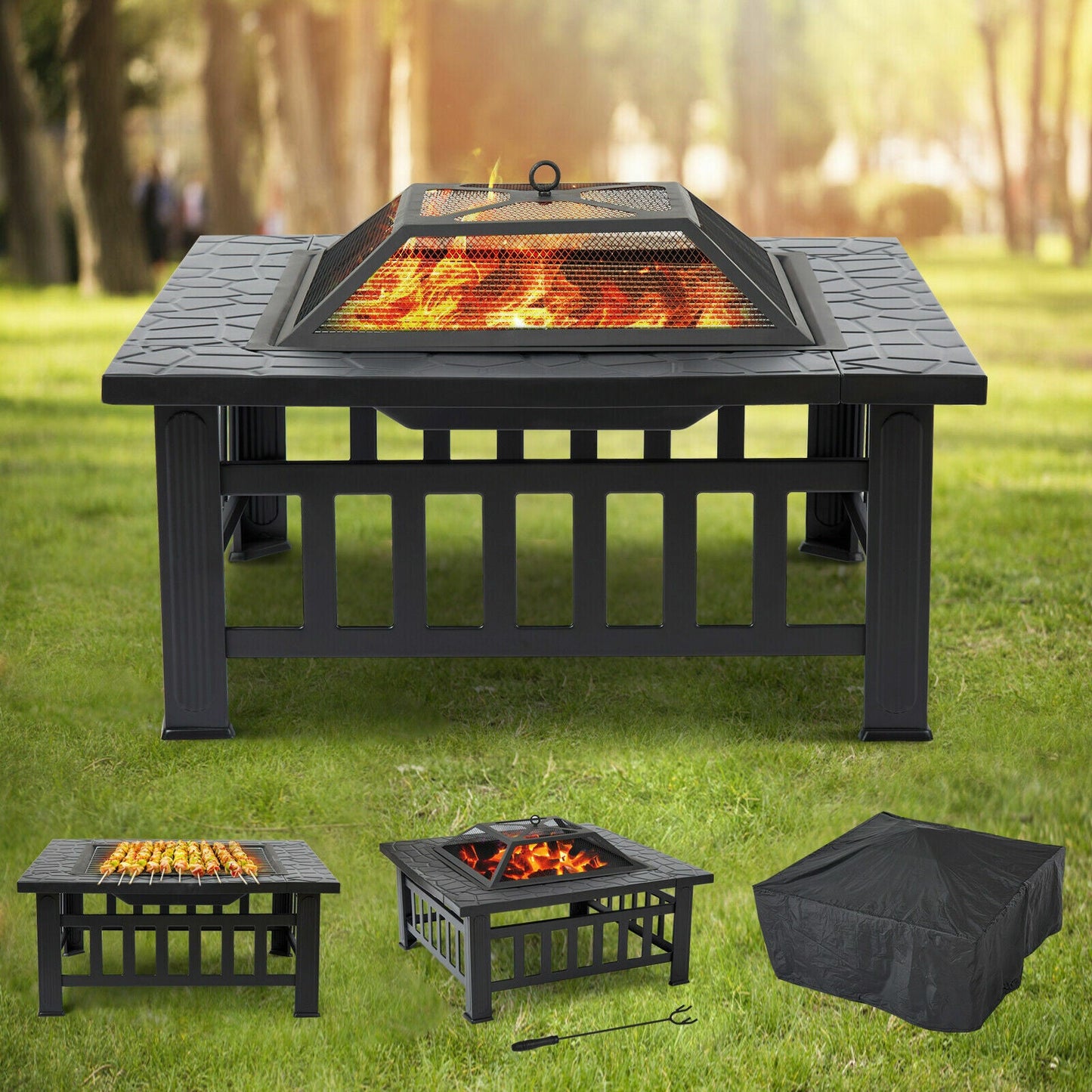 Garden BBQ Fire Pit Brazier Square Table Stove Outdoor