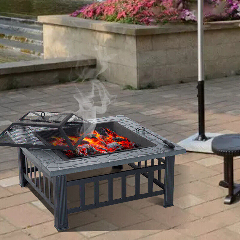 Garden BBQ Fire Pit Brazier Square Table Stove Outdoor