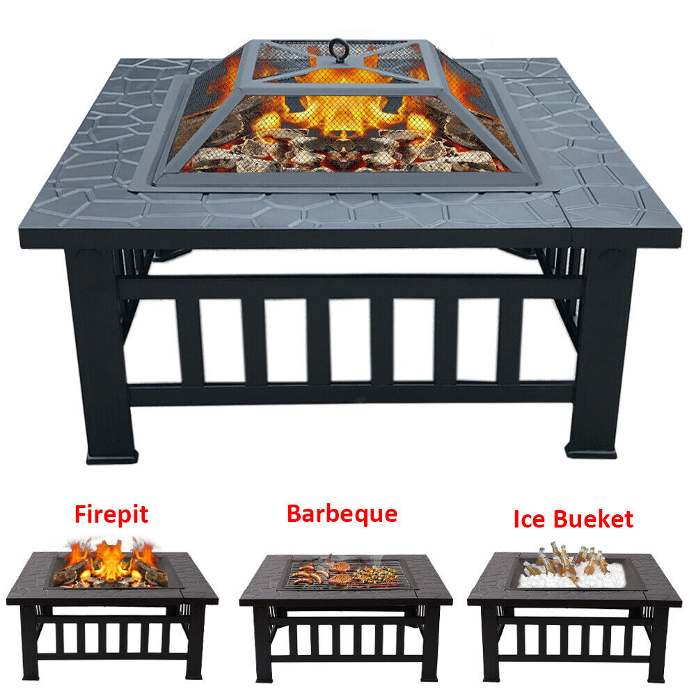 Garden BBQ Fire Pit Brazier Square Table Stove Outdoor