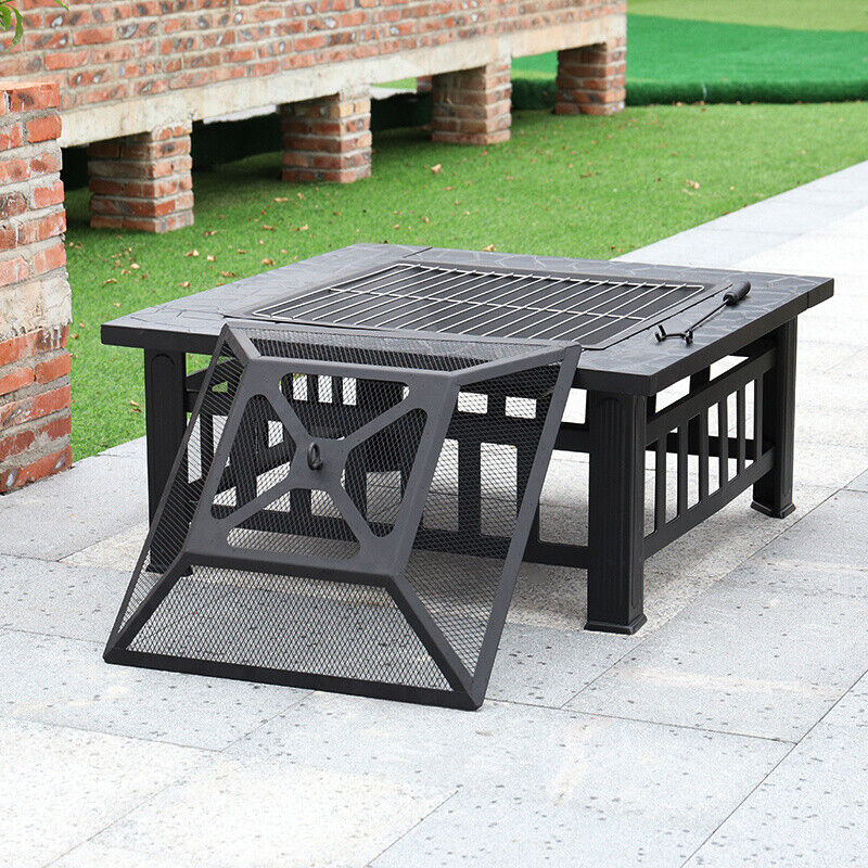 Garden BBQ Fire Pit Brazier Square Table Stove Outdoor