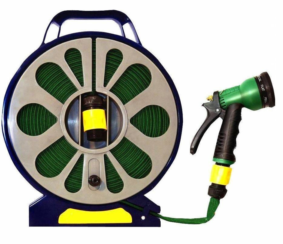 NEW 50FT FLAT GARDEN HOSE PIPE REEL WITH SPRAY NOZZLE GUN OUTDOOR WATERING 15M