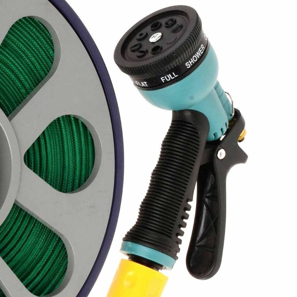 NEW 50FT FLAT GARDEN HOSE PIPE REEL WITH SPRAY NOZZLE GUN OUTDOOR WATERING 15M