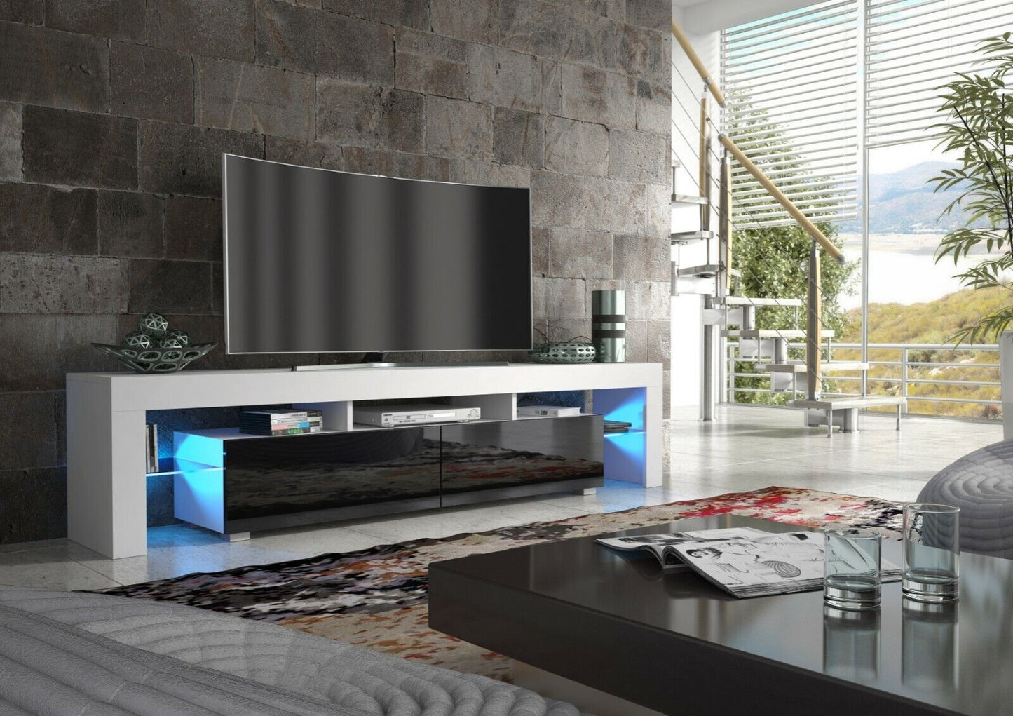 Modern 200cm TV Unit Cabinet TV Stand High Gloss Doors With Free LED