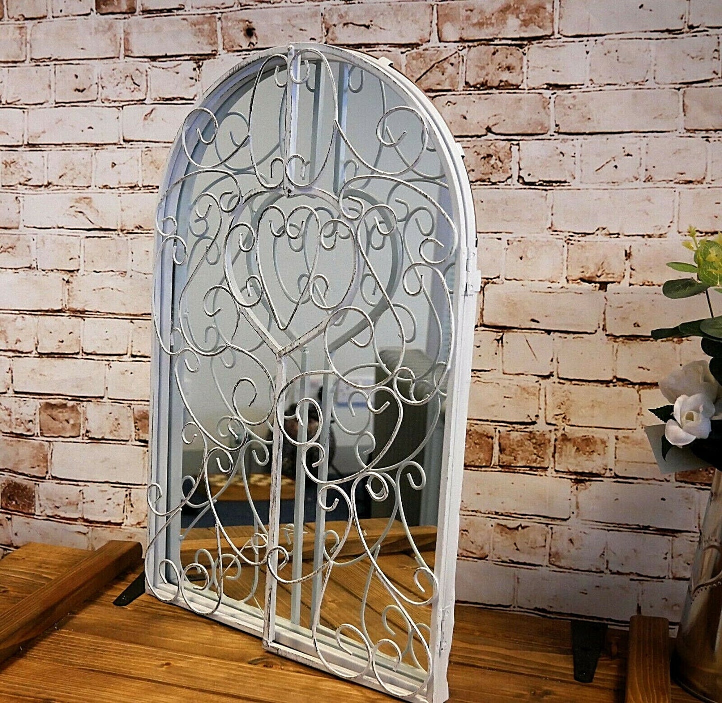 Shutter Mirror Home Garden Decor White Metal Distressed Hanging Wall Mount Arch