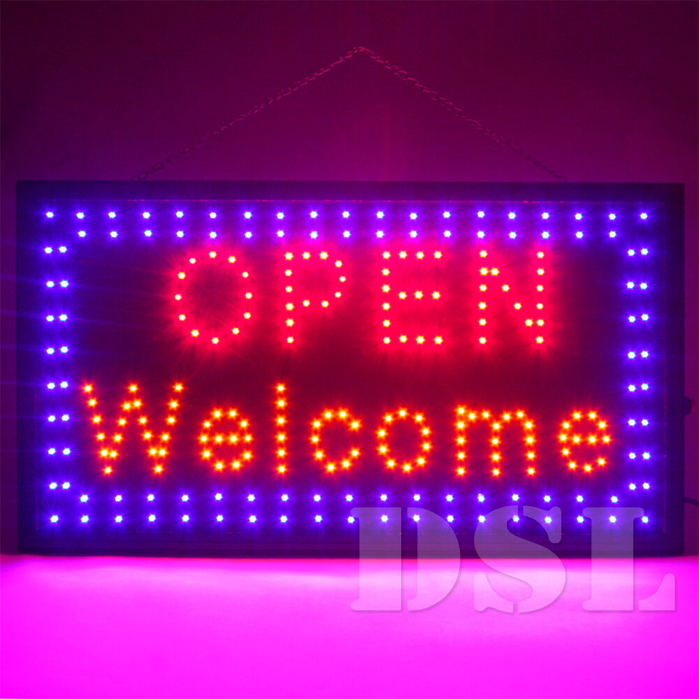 Large Bright Flashing LED OPEN WELCOME Shop Sign Neon Hang Display Window Light