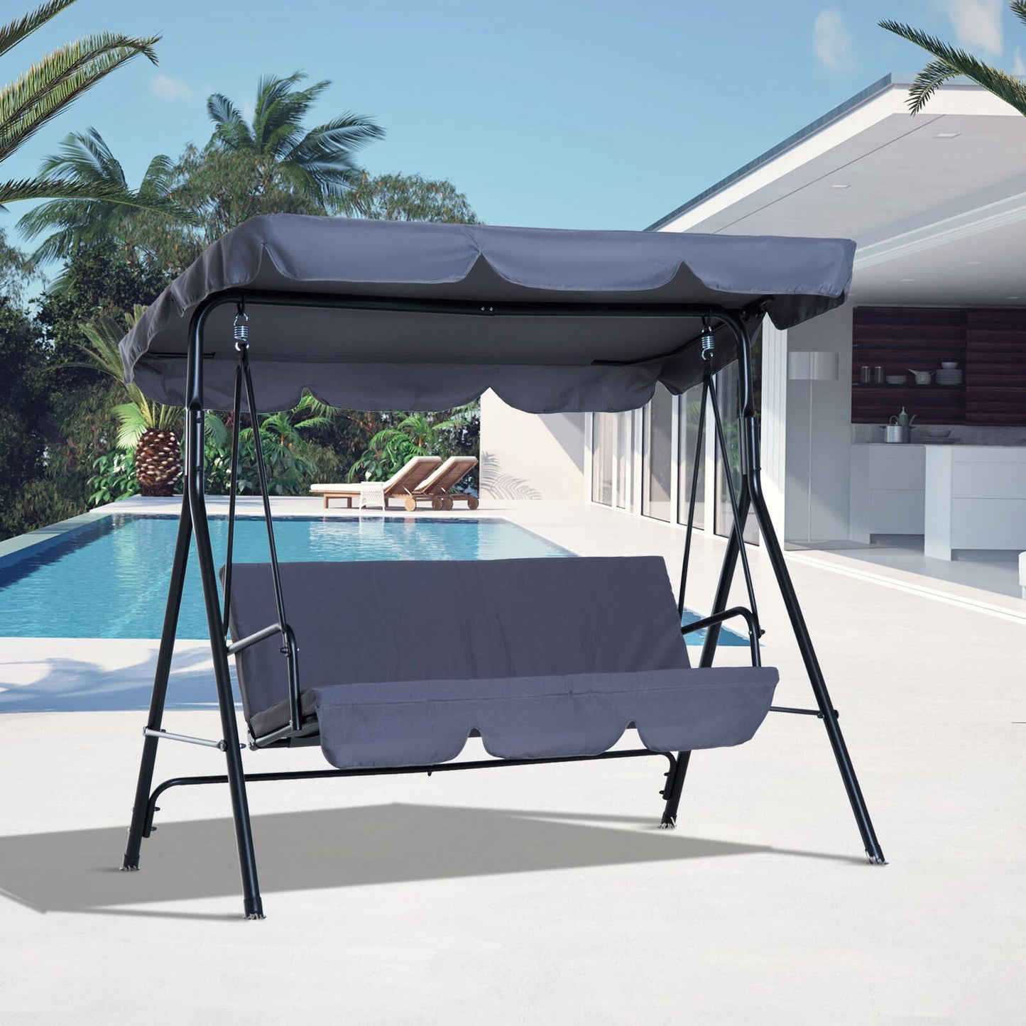 Outsunny Outdoor Metal Hammock Swing Chair 3-Seater Patio Bench Garden Grey