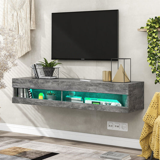 Wall Mount Floating TV Unit Cabinet Stand With LED Entertainment High Gloss Grey