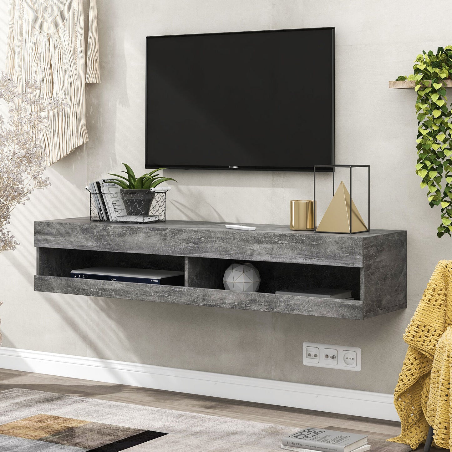 Wall Mount Floating TV Unit Cabinet Stand With LED Entertainment High Gloss Grey