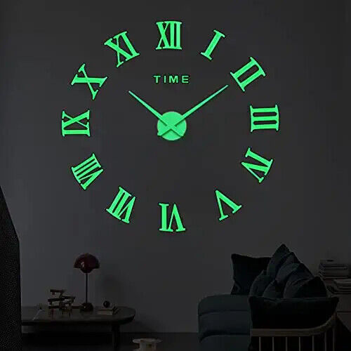 3D Mirror Surface Large Wall Clock Luminous Modern DIY Sticker Office Home Decor