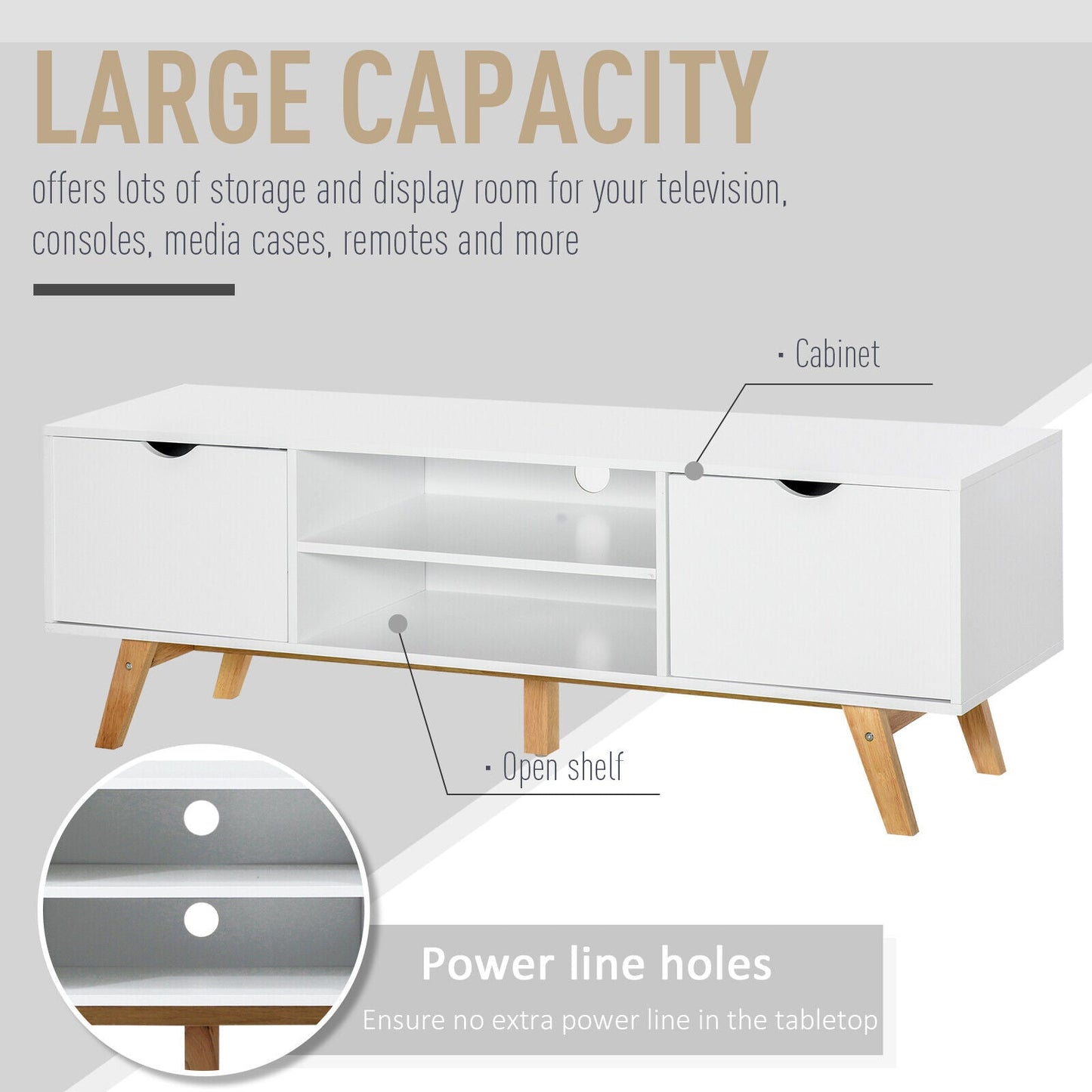 Elegant TV Stand Storage Cabinet Media Unit w/ Wood Legs 2 Cupboards 2 Shelves