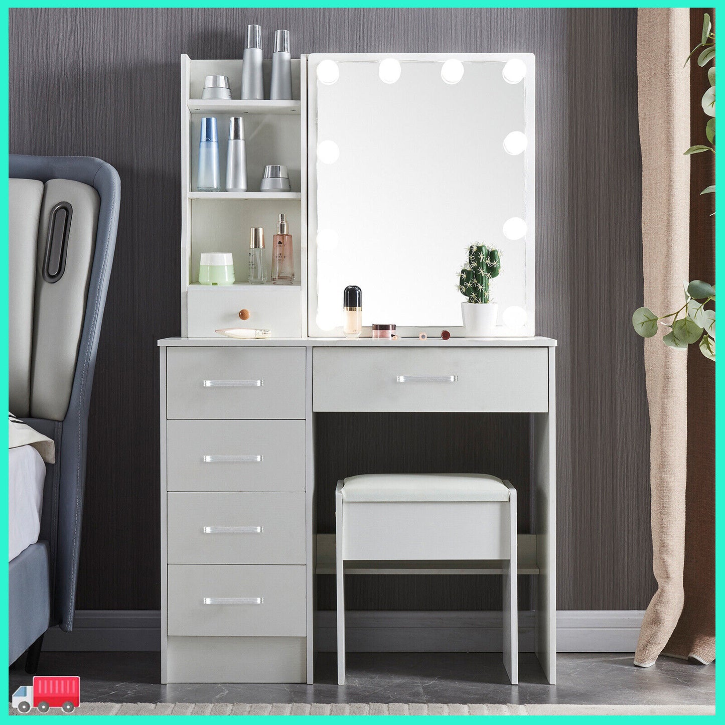 White Dressing Table Mirror with Lights Stool Makeup Vanity Set Desk + 6 Drawers