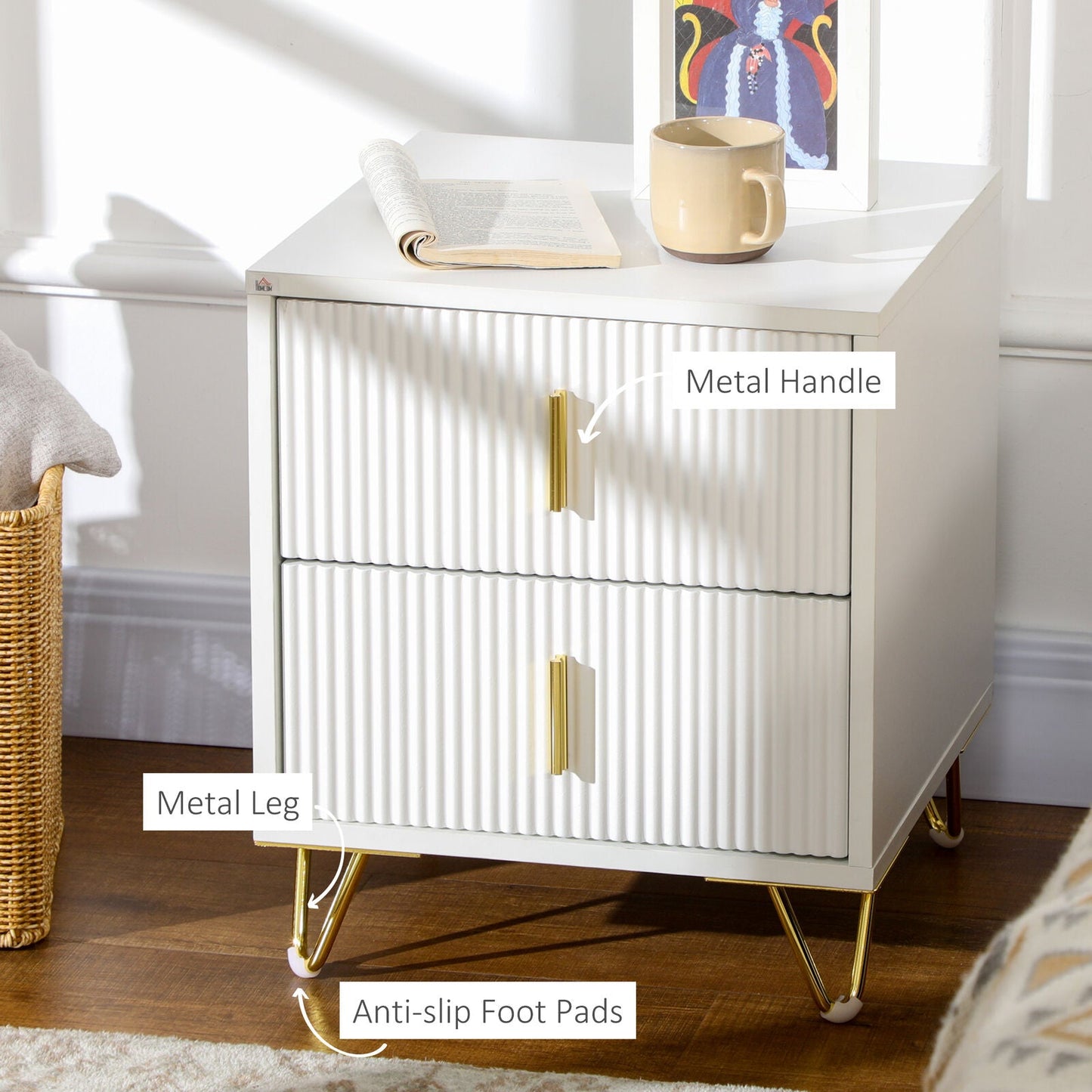 Bedside Table with 2 Drawers, Bedside Cabinet with Metal Frame, for Living Room