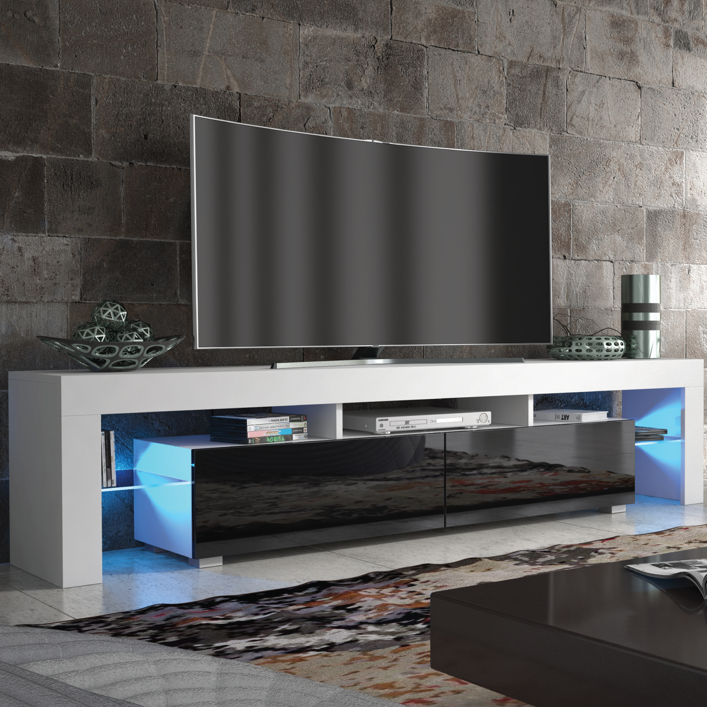 Modern 200cm TV Unit Cabinet TV Stand High Gloss Doors With Free LED