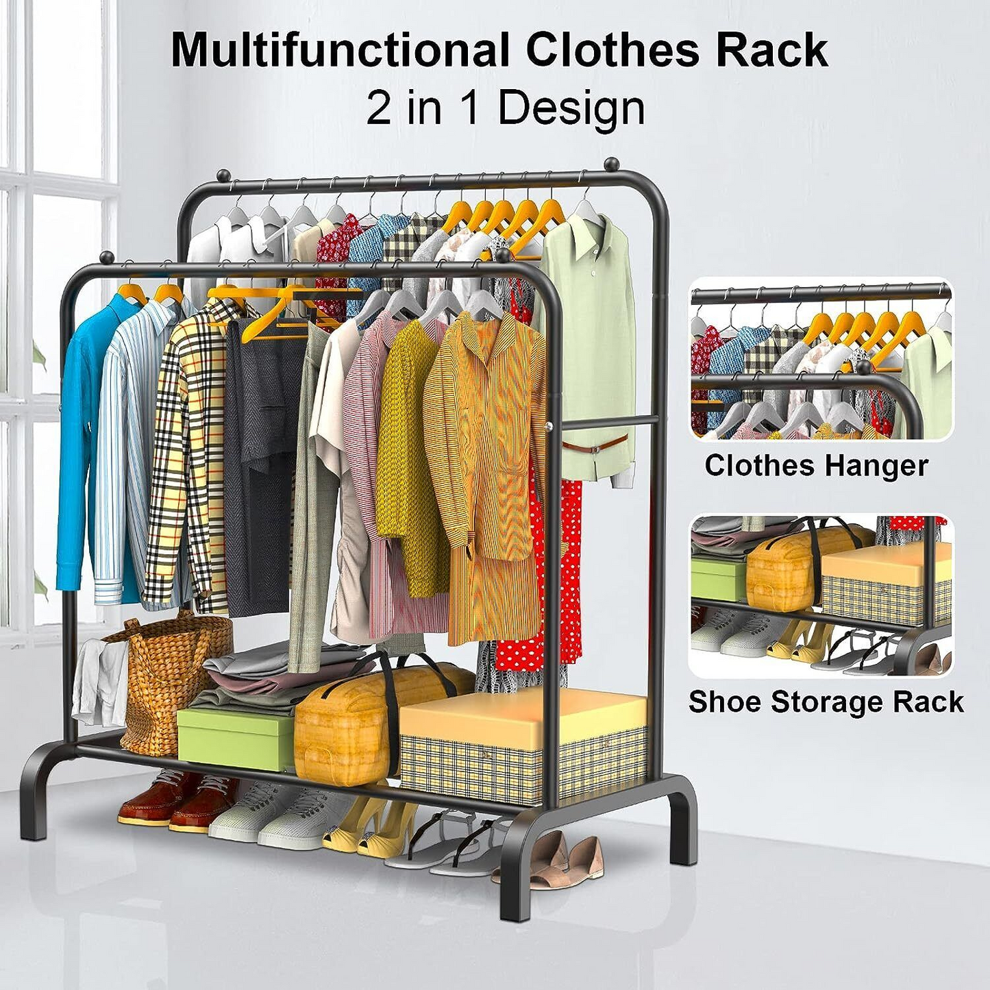 Heavy Duty Double Clothes Rail Hanging Rack Garment Display Stand Shoes Storage