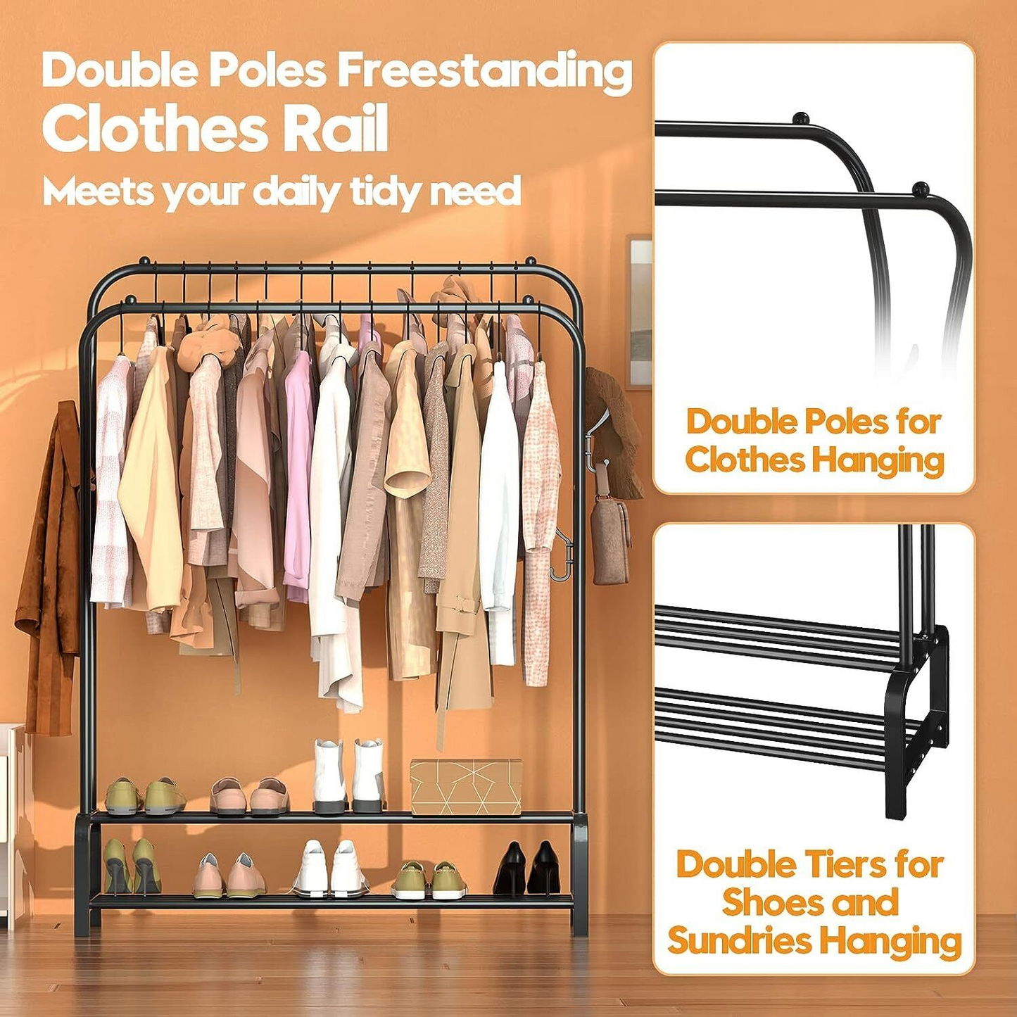 Heavy Duty Double Clothes Rail Hanging Rack Garment Display Stand Shoes Storage