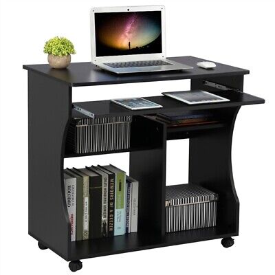 Computer Desk with Wheels & Shelves Black MDF for Office Home PC Laptop Study