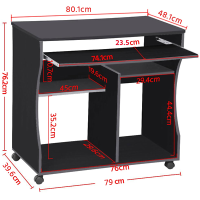 Computer Desk with Wheels & Shelves Black MDF for Office Home PC Laptop Study