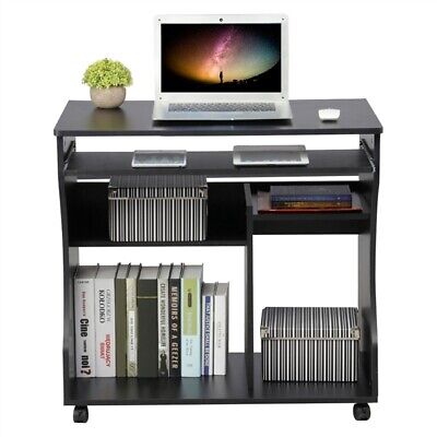 Computer Desk with Wheels & Shelves Black MDF for Office Home PC Laptop Study