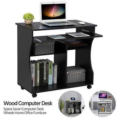 Computer Desk with Wheels & Shelves Black MDF for Office Home PC Laptop Study