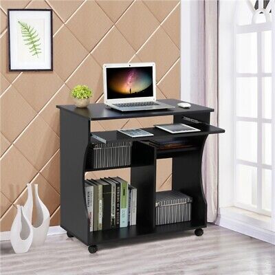 Computer Desk with Wheels & Shelves Black MDF for Office Home PC Laptop Study