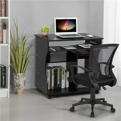 Computer Desk with Wheels & Shelves Black MDF for Office Home PC Laptop Study