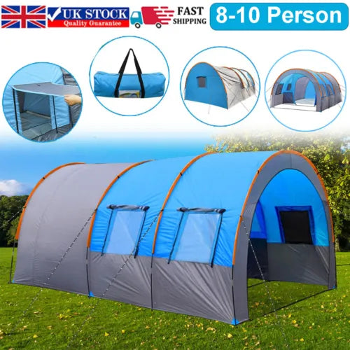 Large Tunnel Tent 8-10 Person Family Tent Outdoor Camping Hiking Party Tent