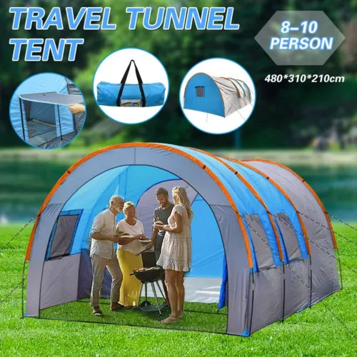 Large Tunnel Tent 8-10 Person Family Tent Outdoor Camping Hiking Party Tent