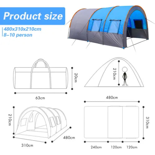 Large Tunnel Tent 8-10 Person Family Tent Outdoor Camping Hiking Party Tent