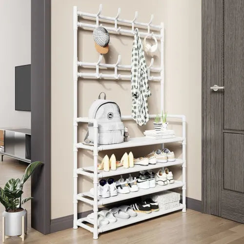 25 Pairs 4 Tier Shoe Rack 8 Hook Coat & Shoe Rack Metal Storage Shelf UK