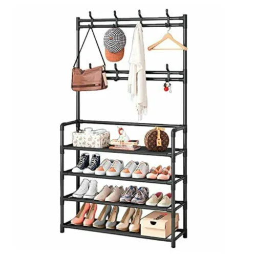 25 Pairs 4 Tier Shoe Rack 8 Hook Coat & Shoe Rack Metal Storage Shelf UK