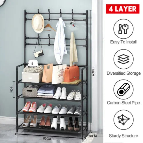 25 Pairs 4 Tier Shoe Rack 8 Hook Coat & Shoe Rack Metal Storage Shelf UK