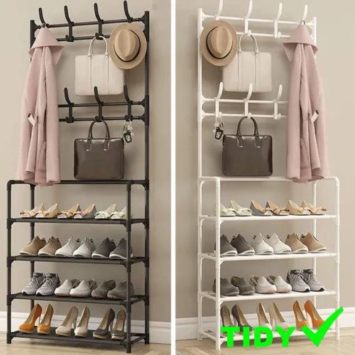 25 Pairs 4 Tier Shoe Rack 8 Hook Coat & Shoe Rack Metal Storage Shelf UK