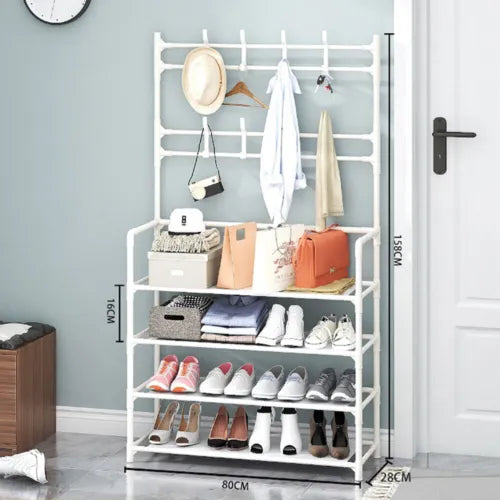 25 Pairs 4 Tier Shoe Rack 8 Hook Coat & Shoe Rack Metal Storage Shelf UK