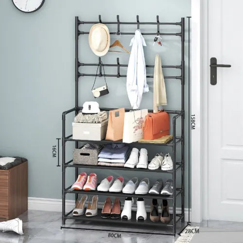 25 Pairs 4 Tier Shoe Rack 8 Hook Coat & Shoe Rack Metal Storage Shelf UK