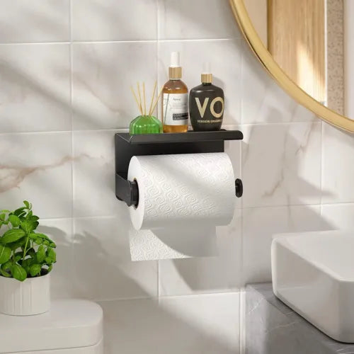 Toilet Paper Roll Holder Wall Mounted With Mobile Phone Storage Bathroom Shelf