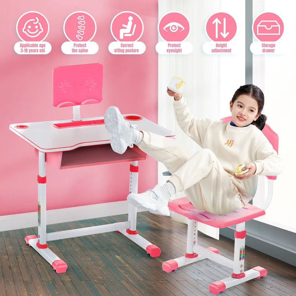 Kids Height Adjustable Children Study Table & Chair Reading Writing Desk Set